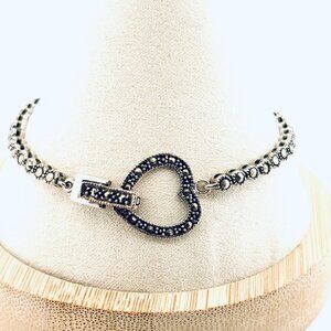 Vintage 925 Sterling Silver Heart Clasp Estate Bracelet 7.25 Inch Marcasite Link